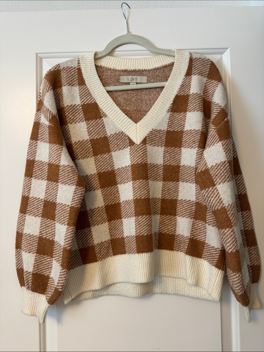 LOFT Cream and Brown Buffalo Check V-Neck Sweater